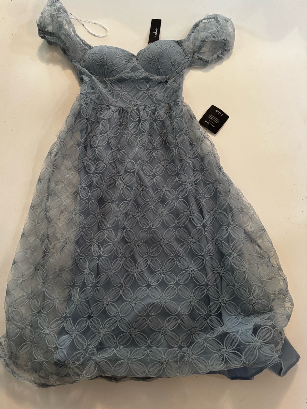 Lulu's Dusty Blue Floral Lace Off-Shoulder Midi Dress